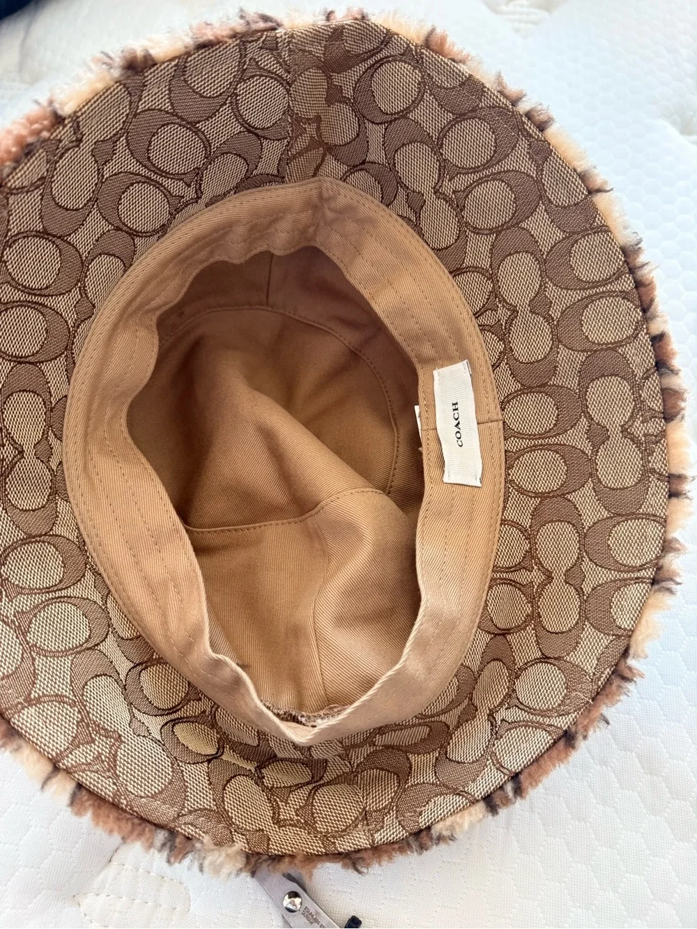 Coach Brown Signature Monogram Bucket Hat with Fur Trim